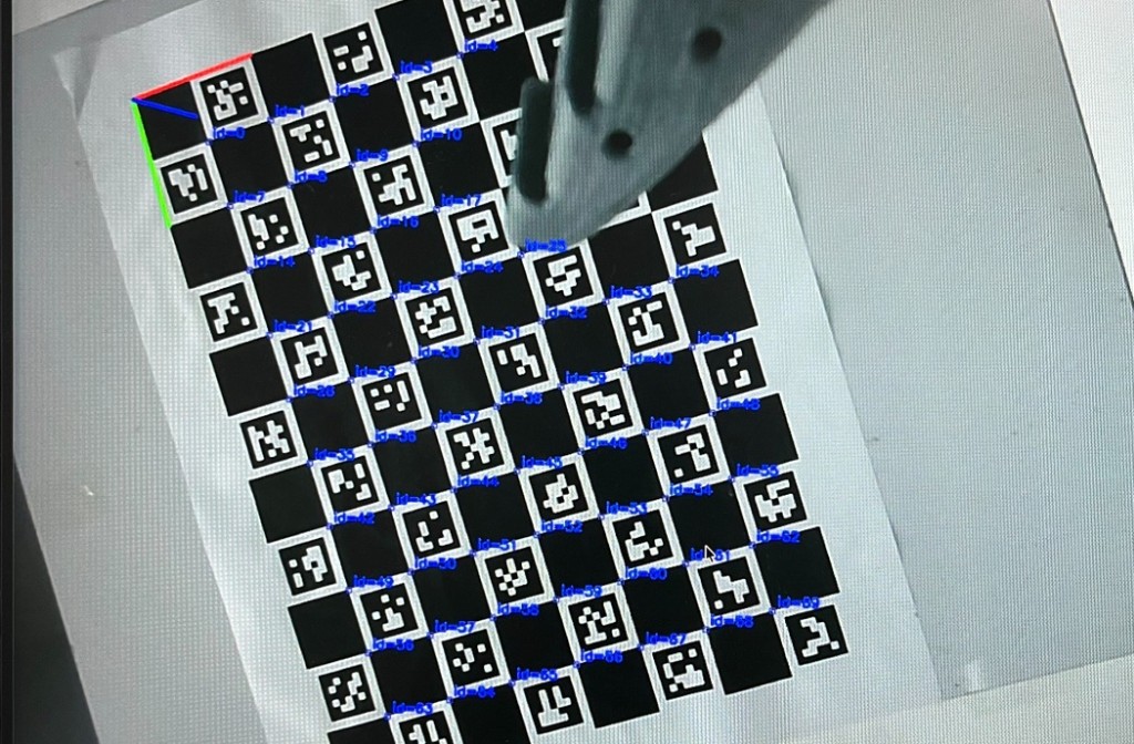 Wrist-camera view: ChArUco detection with IDs and axes